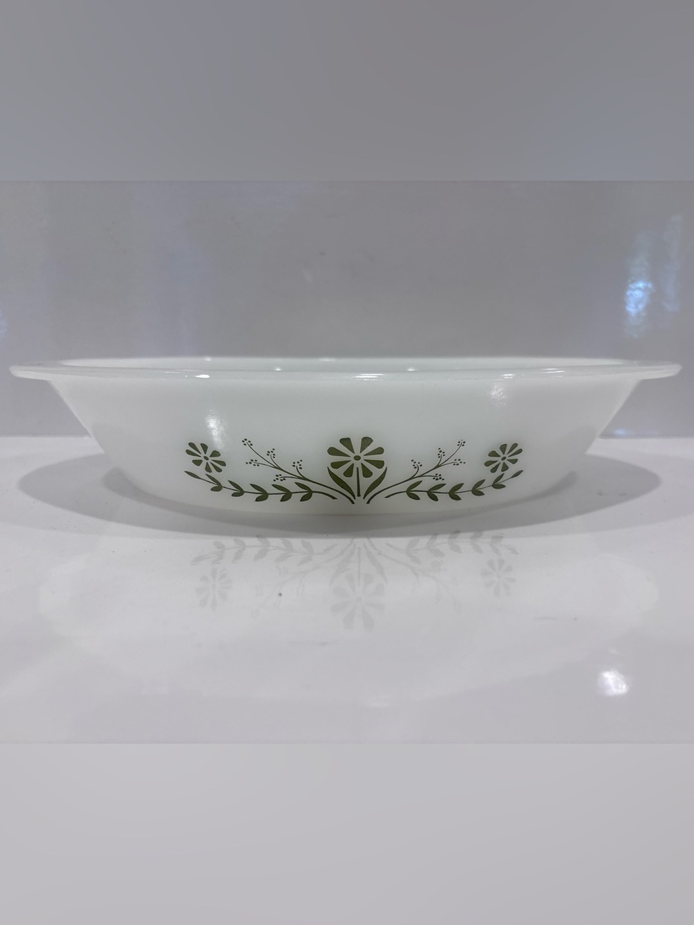 Vintage Glasbake green daisy divided milk glass oval casserole baking dish 10.5”